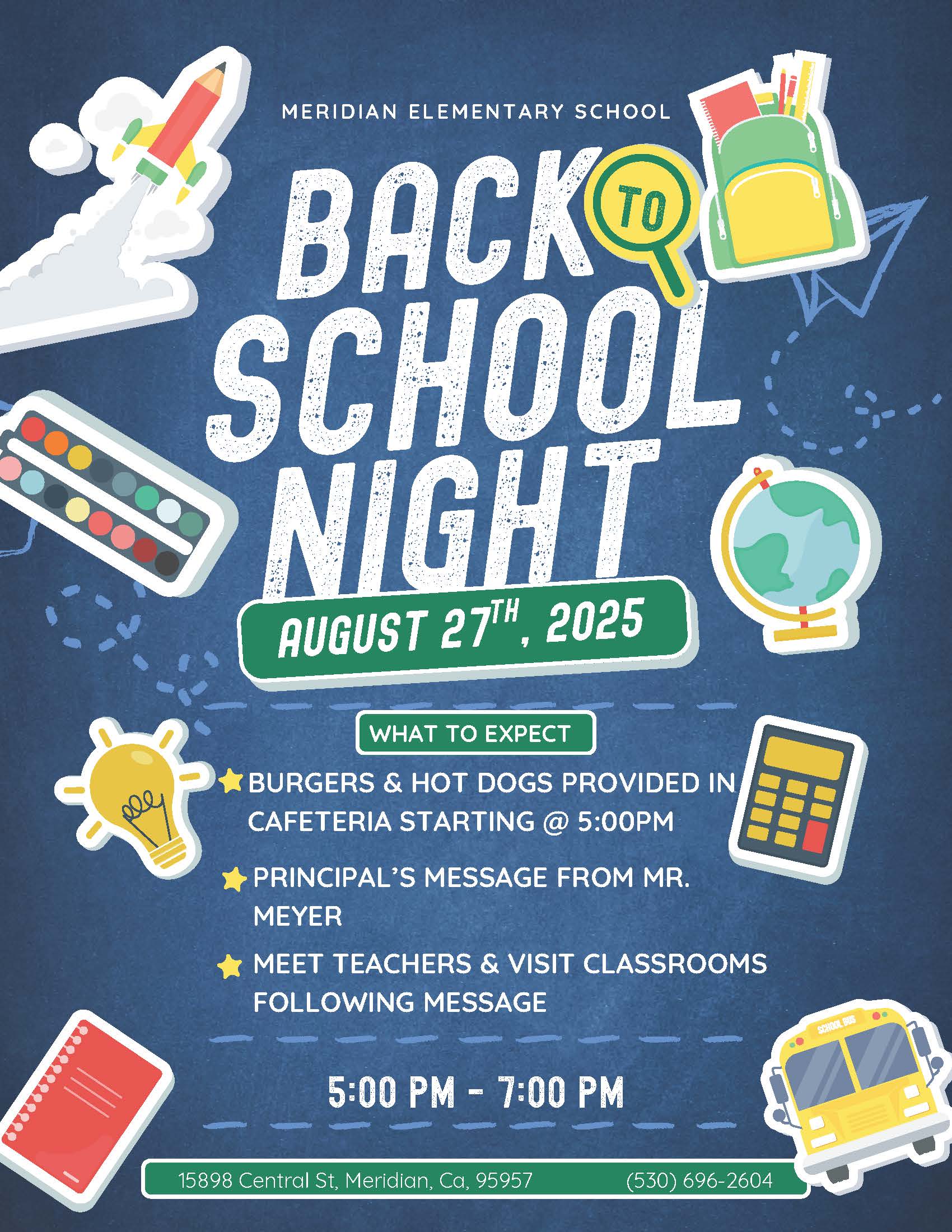 Flyer with Back to school information and clip art of school supplies with blue background